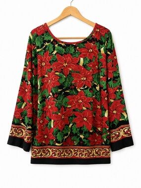 Vtg 90s Christmas Poinsettia Sequin Top Grannycore Women Size 2X Holiday Blouse